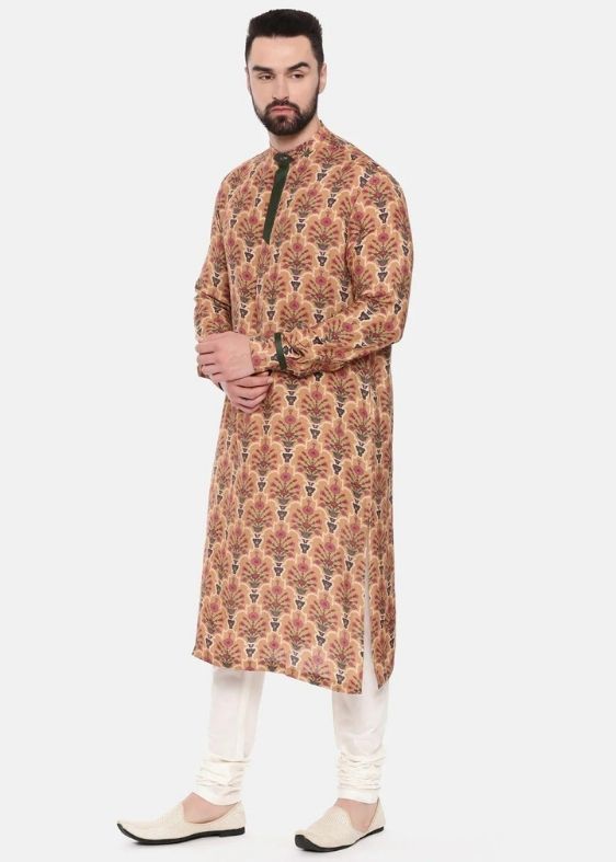 Musling Beige Printed Kurta Set