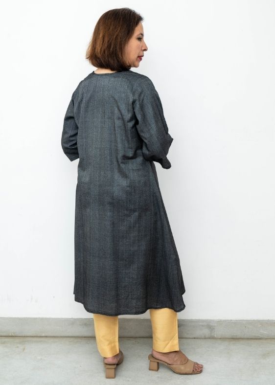 Black Camelia Flower Tussar Silk Kurta