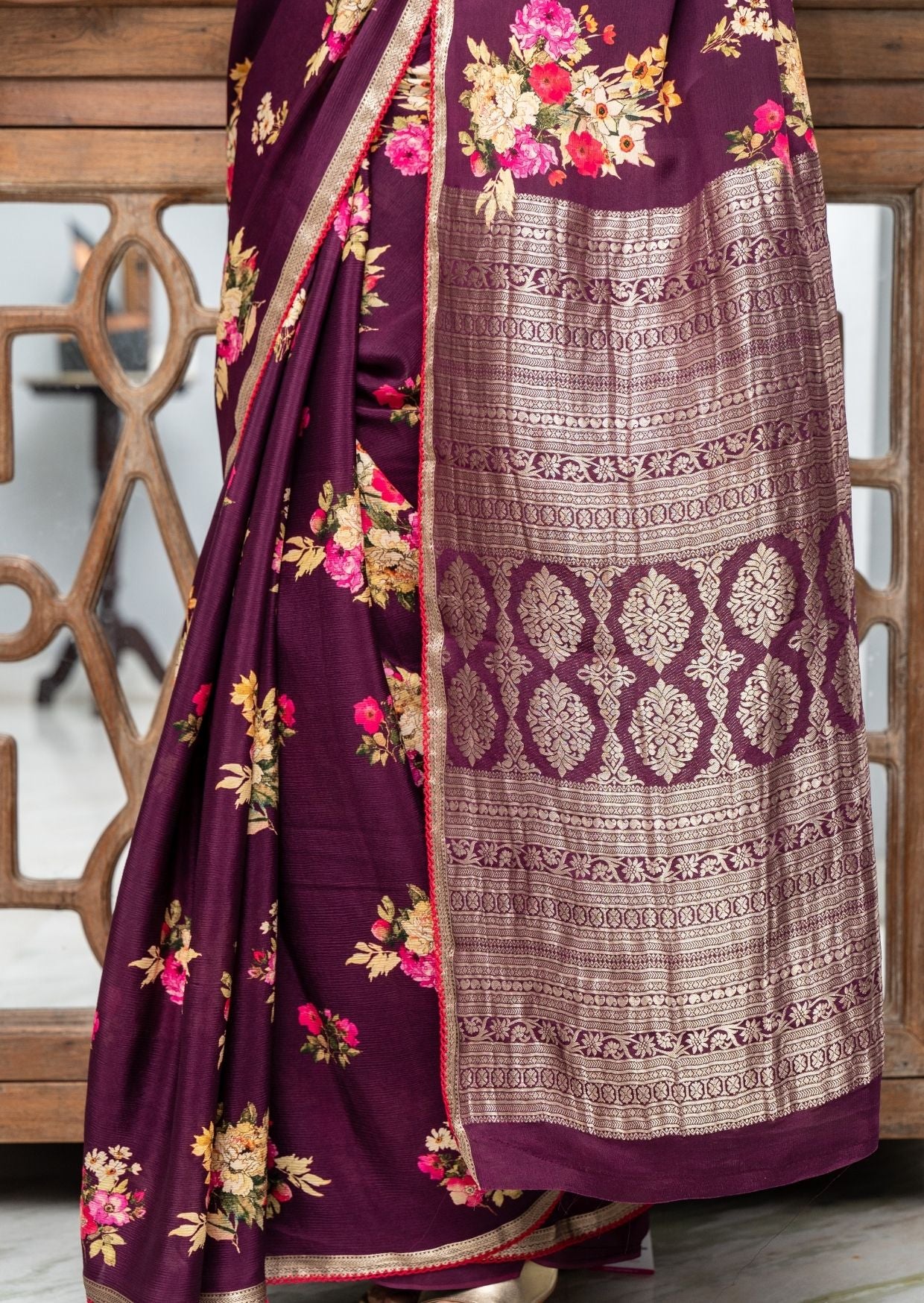 Purple Floral Printed Crepe Silk Saree