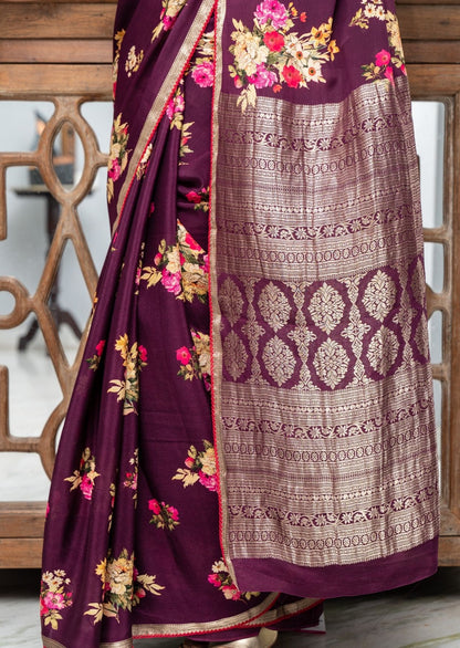 Purple Floral Printed Crepe Silk Saree