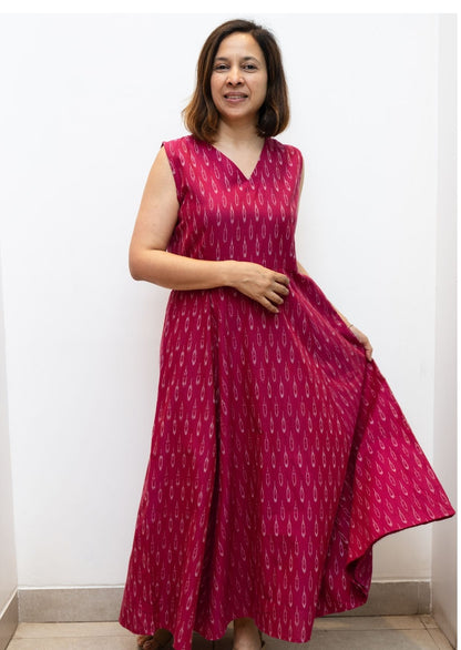 Pink Prints Fit Flair Sleeveless Cotton Dress