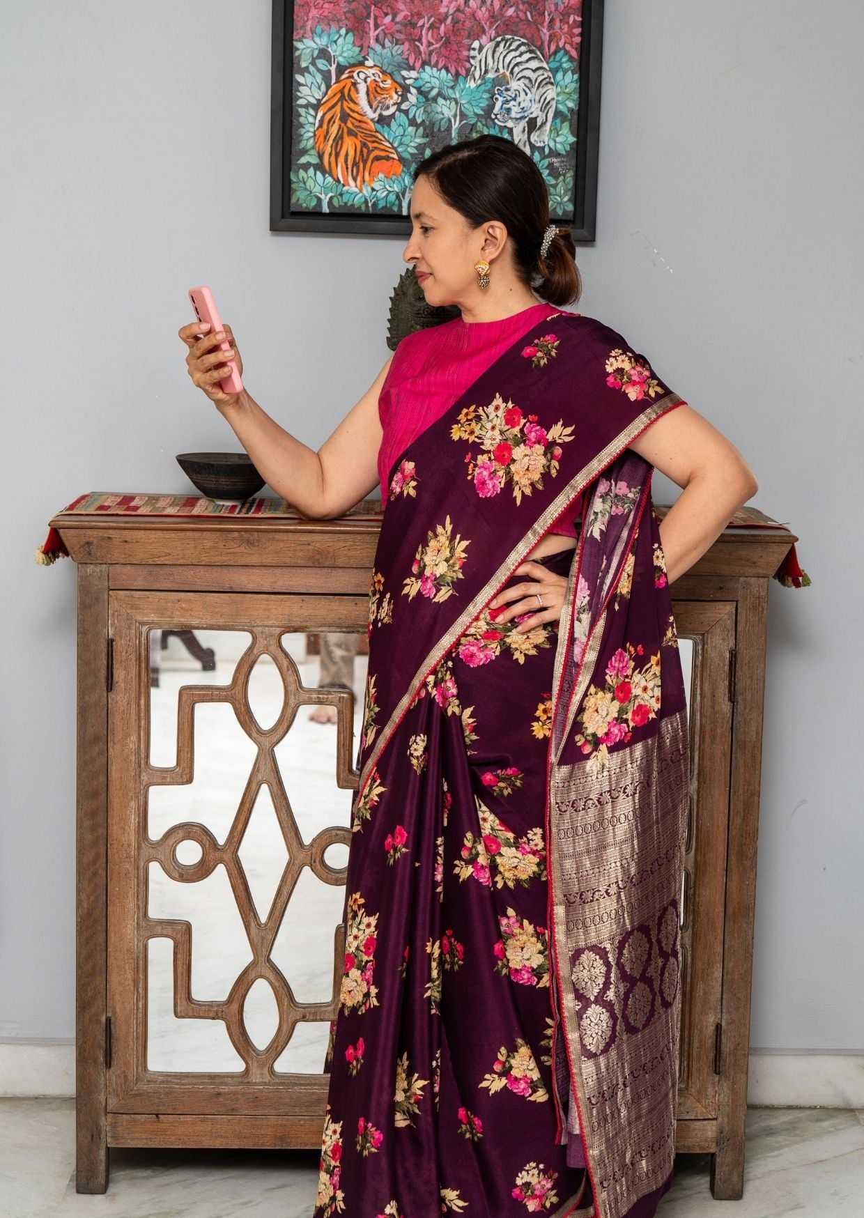 Purple Floral Printed Crepe Silk Saree