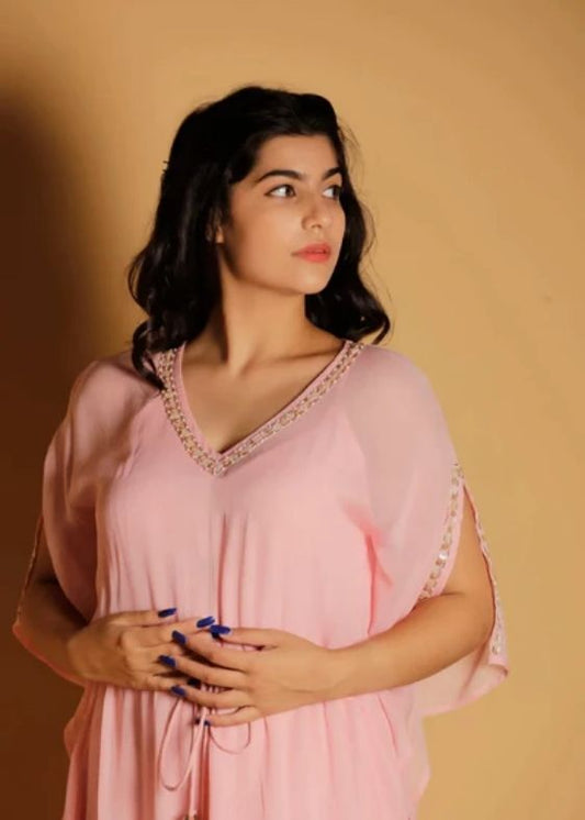 Light Pink Long Geogrette Hand Embroidered Kaftan