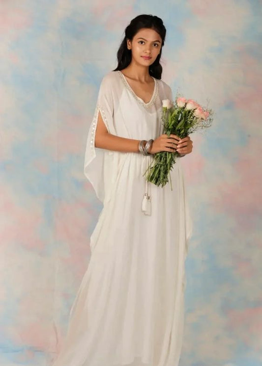 White Long Geogrette Hand Embroidered Kaftan
