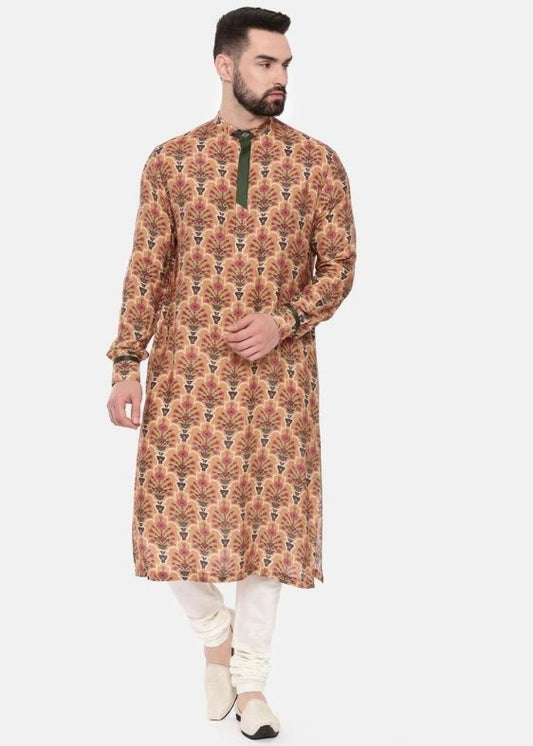 Musling Beige Printed Kurta Set