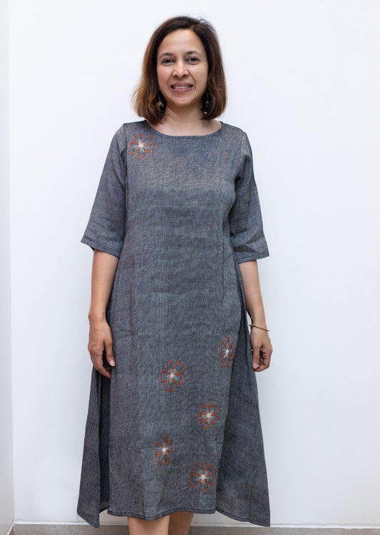 Grey Flower Embroidery Cotton Dress