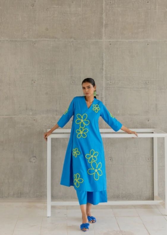 Sea Foam Floral Embroidered Kurta Set
