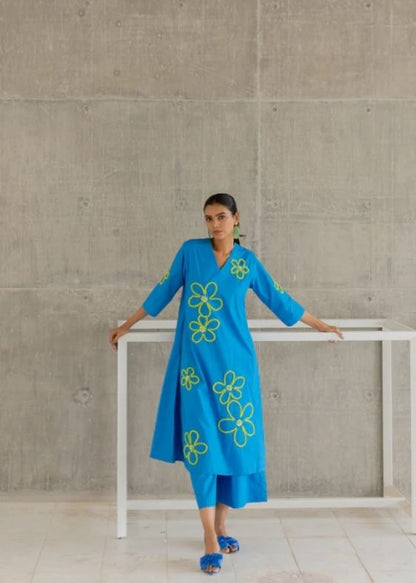 Sea Foam Floral Embroidered Kurta Set