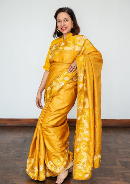 Yellow Tussar Silk Embroidery Saree
