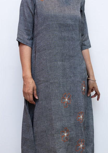 Grey Flower Embroidery Cotton Dress