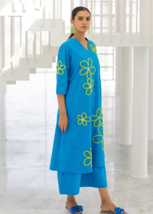 Sea Foam Floral Embroidered Kurta Set