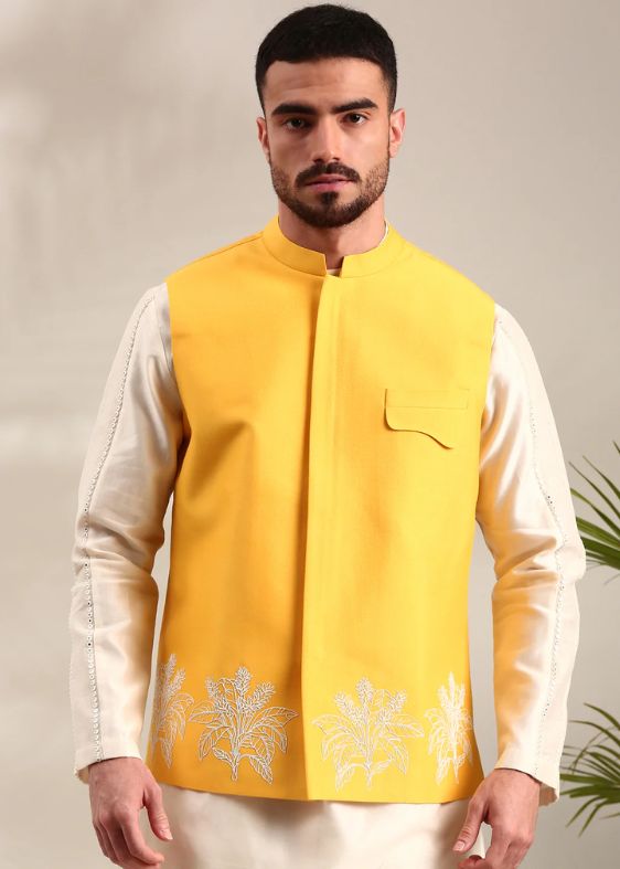Yellow Embroidered Cotton Silk Nehru Jacket