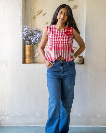 Red Checks Gamcha Flower Sleevless Vest Top
