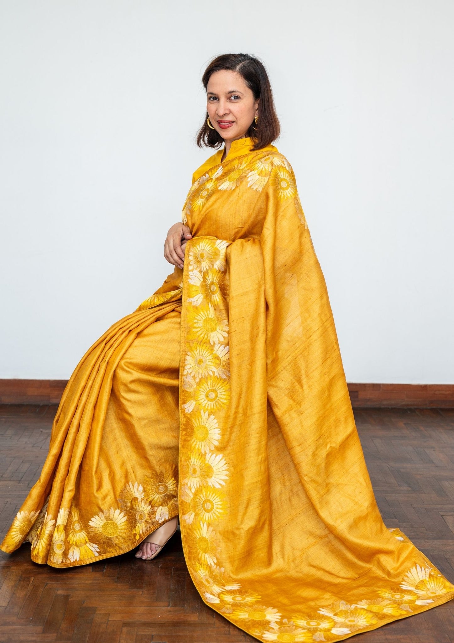 Yellow Tussar Silk Embroidery Saree