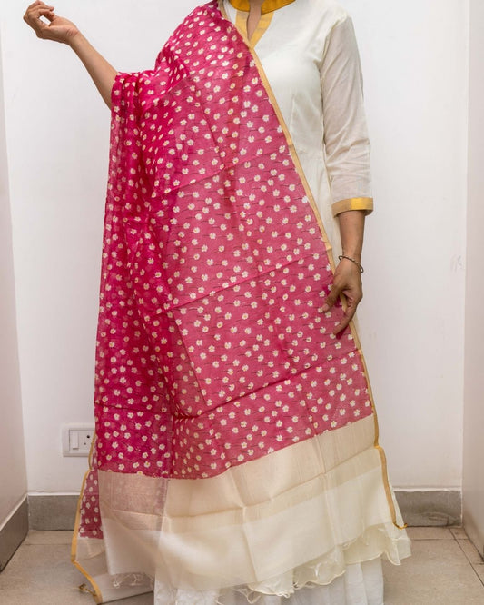 Pink Silk Cotton White Floral Print Dupatta