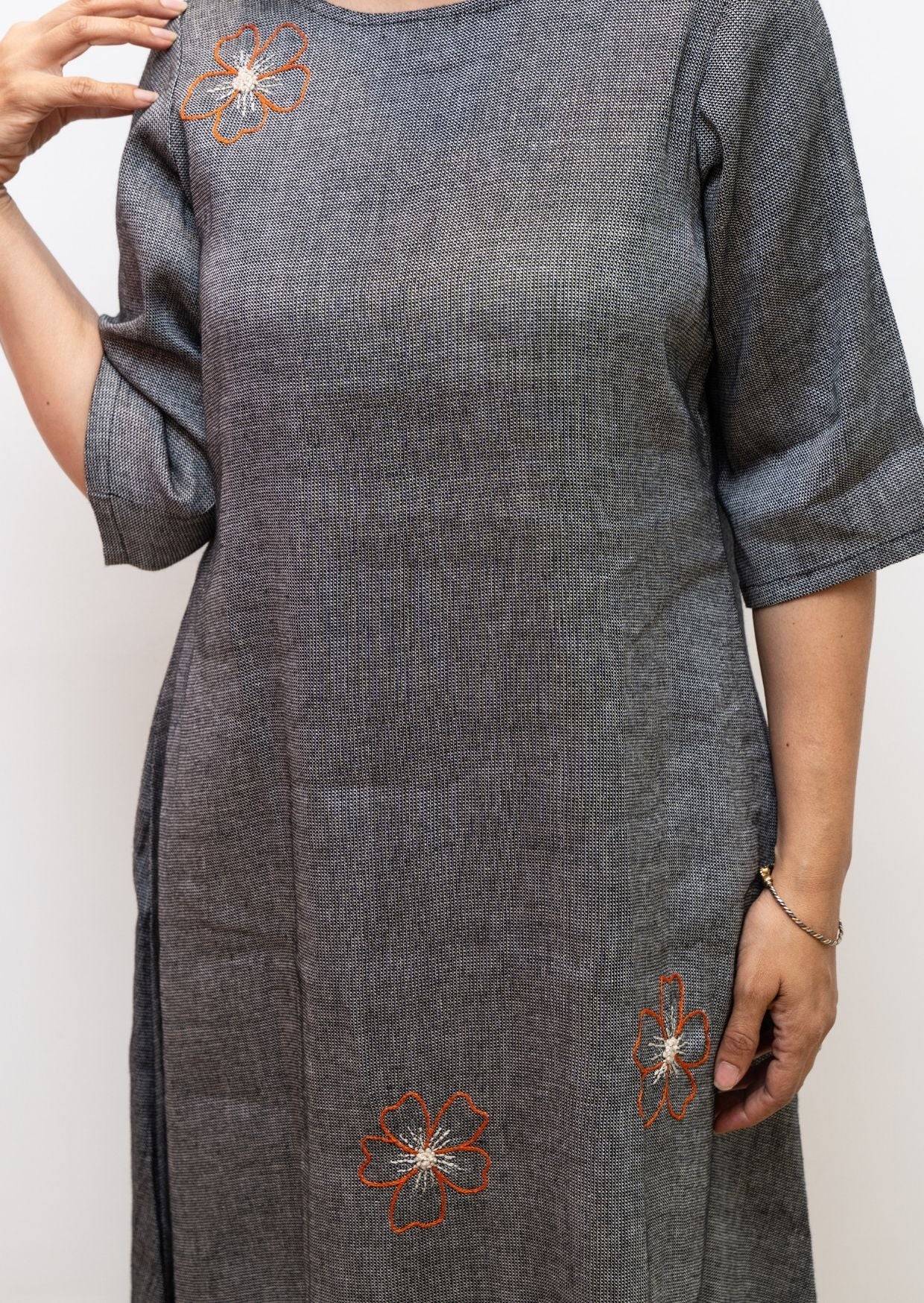 Grey Flower Embroidery Cotton Dress