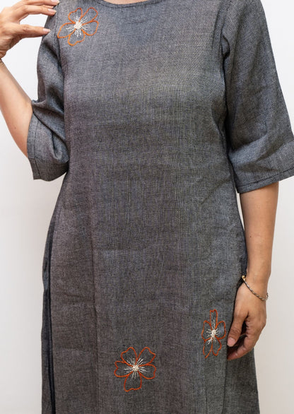 Grey Flower Embroidery Cotton Dress