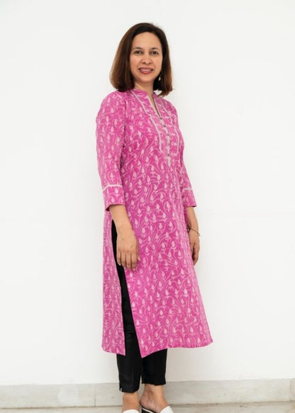 Pink Chinese Collar Cotton Kurta