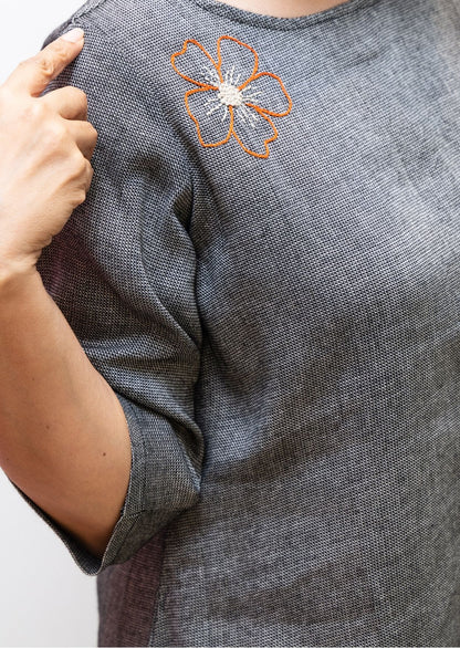Grey Flower Embroidery Cotton Dress