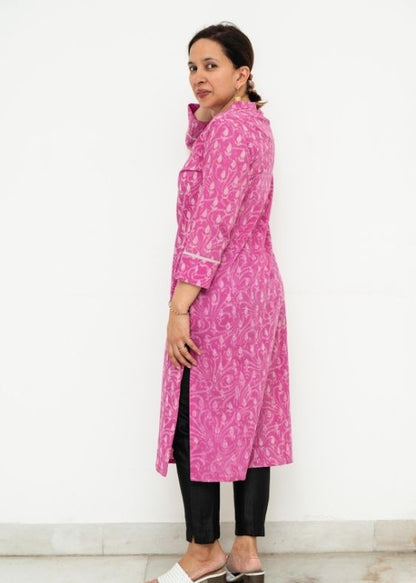 Pink Chinese Collar Cotton Kurta