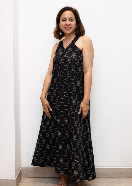Black Sleeveless Superfine Ikkat Cotton Dress