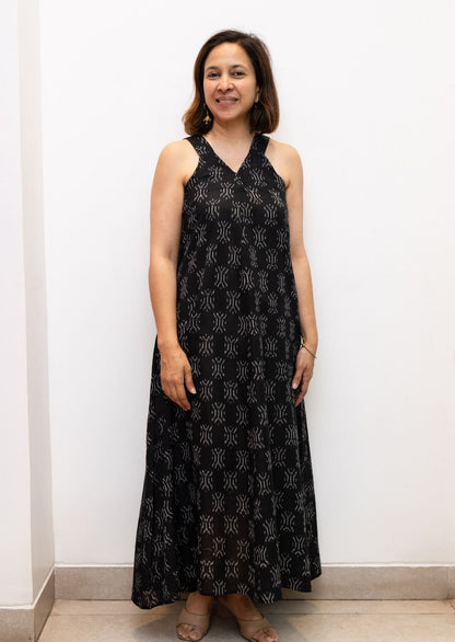 Black Sleeveless Superfine Ikkat Cotton Dress