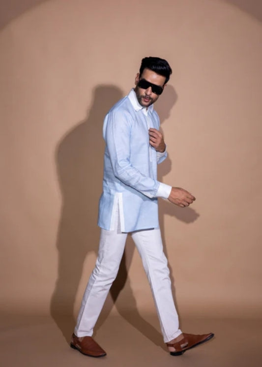 Pure Linen Constrast Collar Shirt- Light Blue