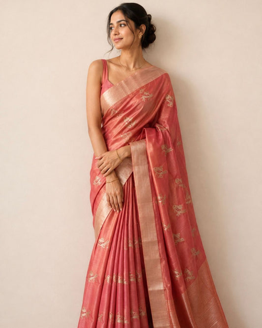 Peach Parrot Chanderi Silk Saree