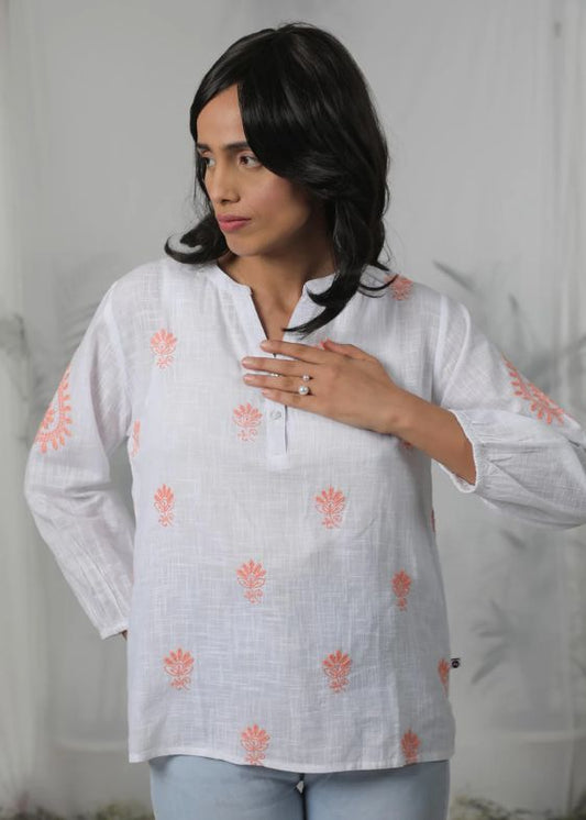 White Orange Embroidery Top- SS 2516