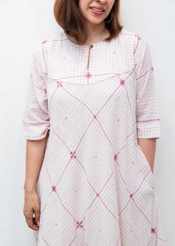 White and Pink Checks Jamdani Cotton Dress