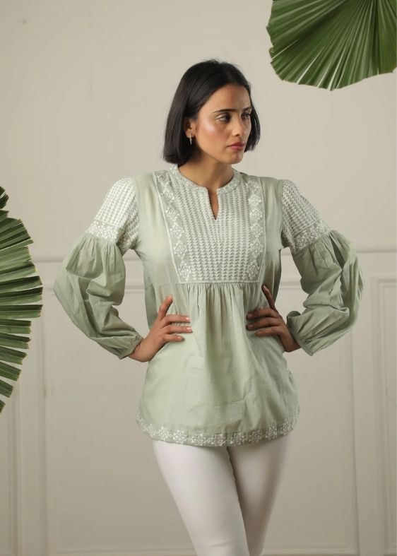 SS 2224 - Green Embroidered Cotton Top