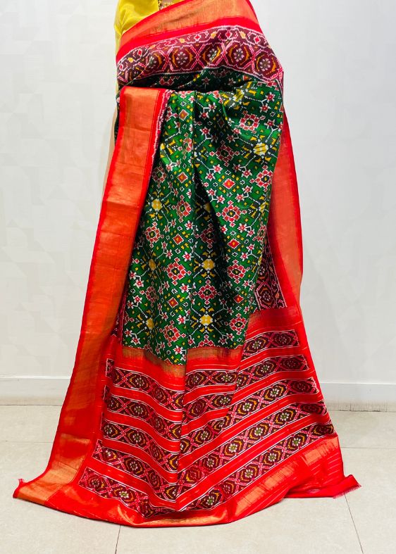 Green and Red Silk Ikat Saree