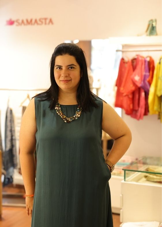 Bottle Green With Blue Belt Sleeveless Modal Silk Dress - samasta.in #