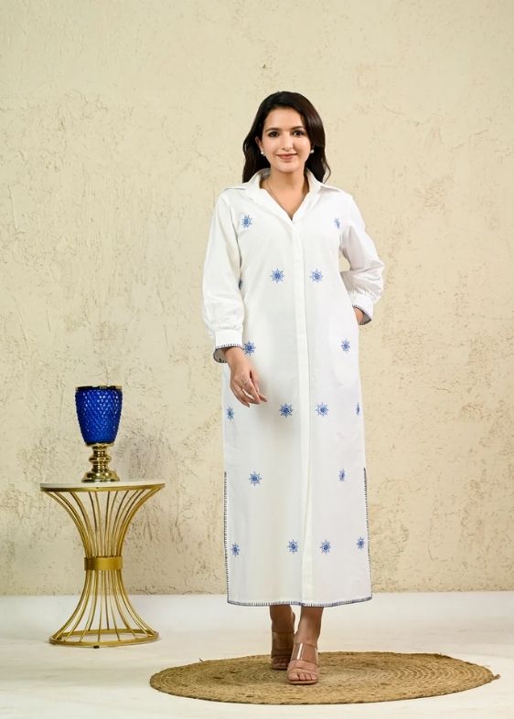 White Long Embroidery shirt dress