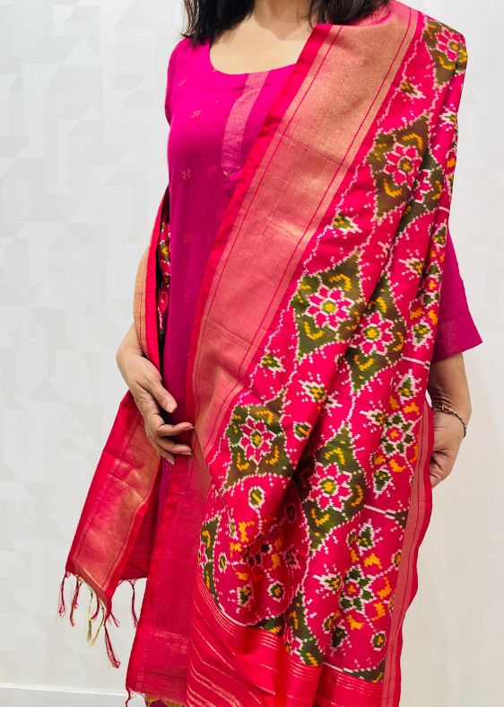 Pink silk zari ikat dupatta
