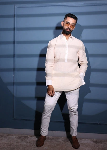 Pure Linen Constrast Collar Shirt- Beige