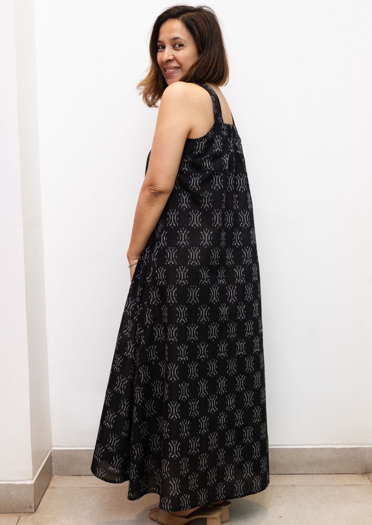 Black Sleeveless Superfine Ikkat Cotton Dress