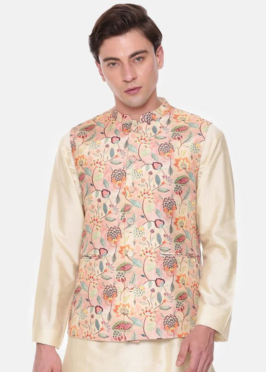 Peach Printed Muslin Nehru Jacket