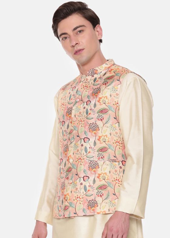 Peach Printed Muslin Nehru Jacket