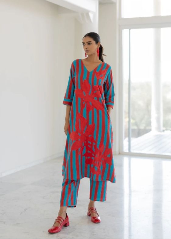 Sky Fire Striped Applique Kurta Set