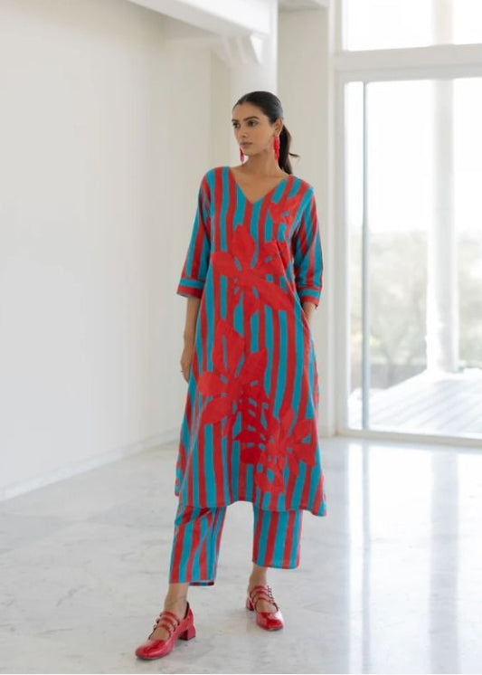 Sky Fire Striped Applique Kurta Set