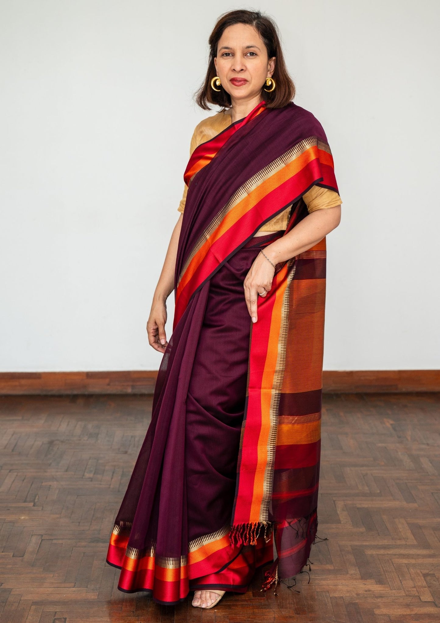 Multi border Burgundy Maheswari Saree