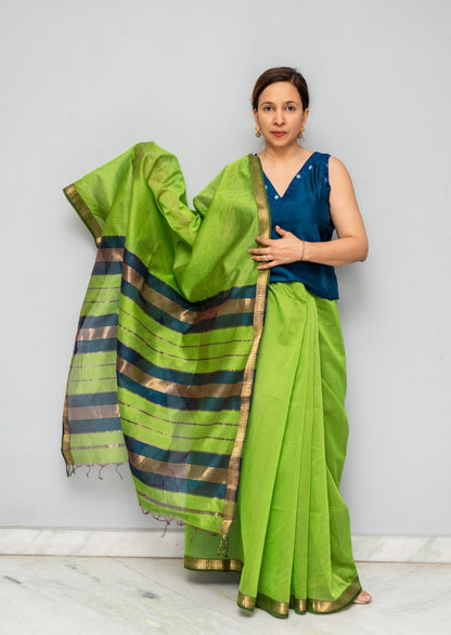 Green Blue Maheswari Silk Cotton Saree