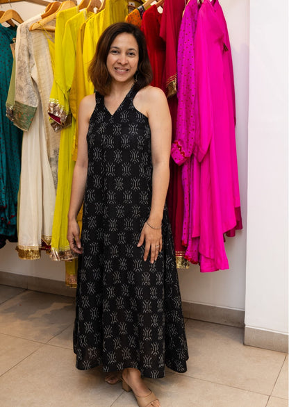 Black Sleeveless Superfine Ikkat Cotton Dress