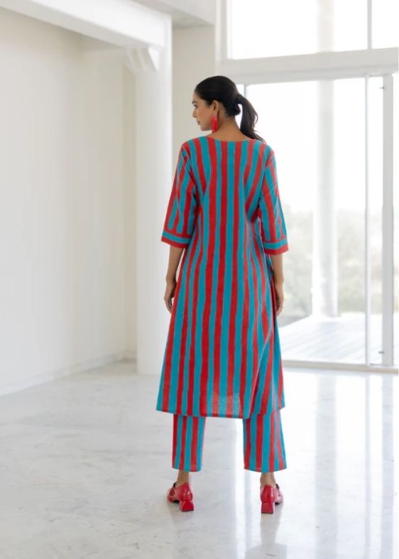 Sky Fire Striped Applique Kurta Set