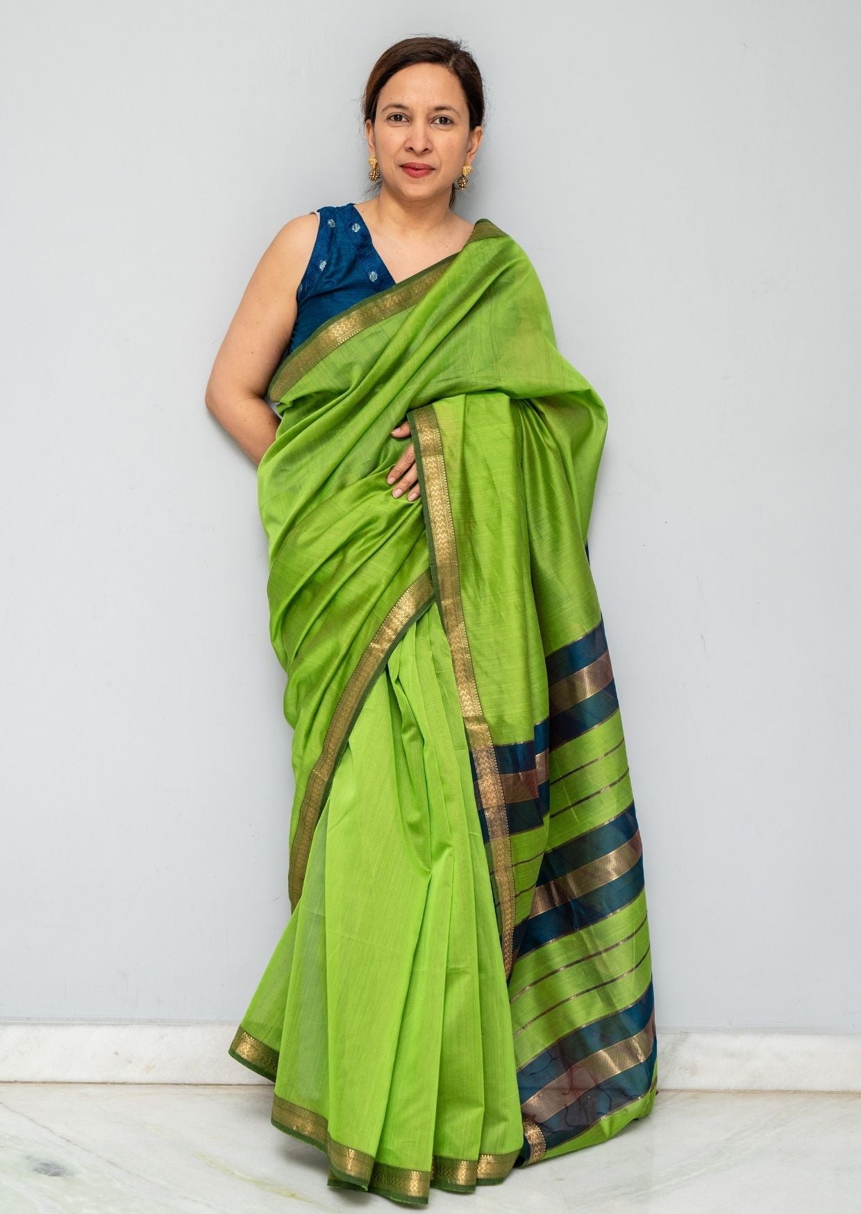 Green Blue Maheswari Silk Cotton Saree