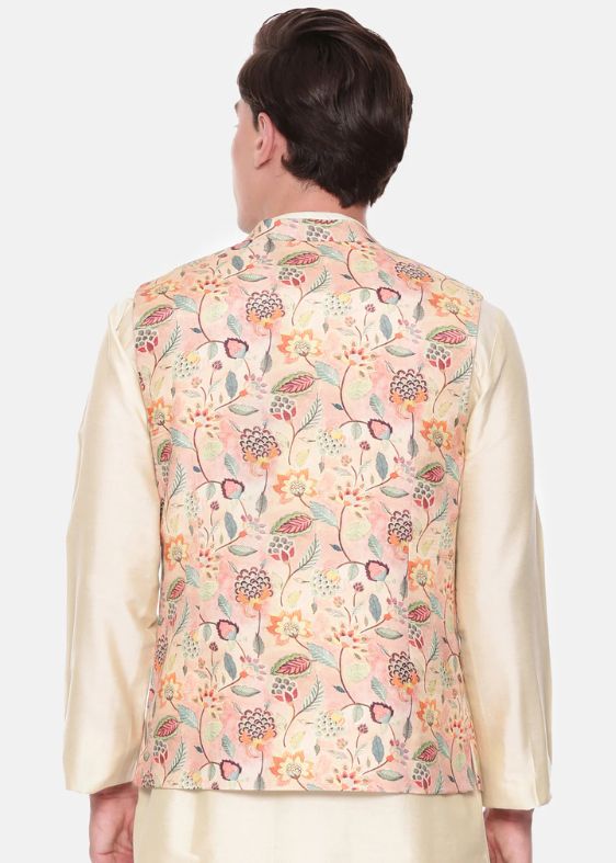 Peach Printed Muslin Nehru Jacket