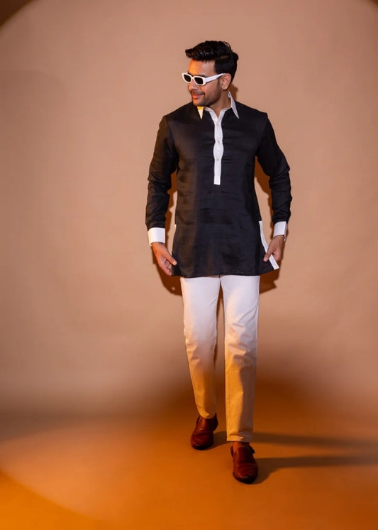 Pure Linen Constrast Collar Shirt- Black