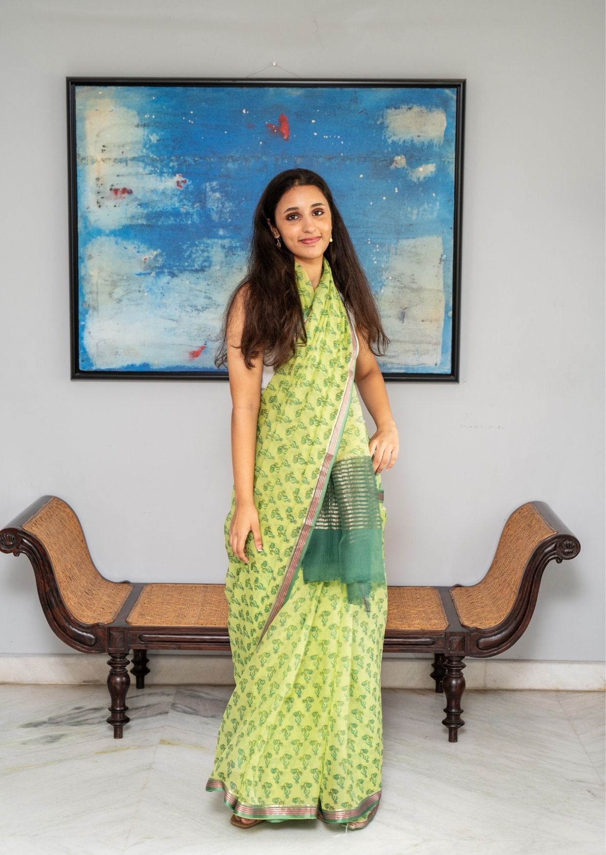Green Printed Silk Chiffon Saree