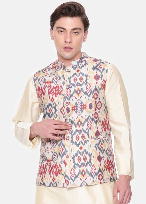 Red Beige Printed Muslin Nehru Jacket
